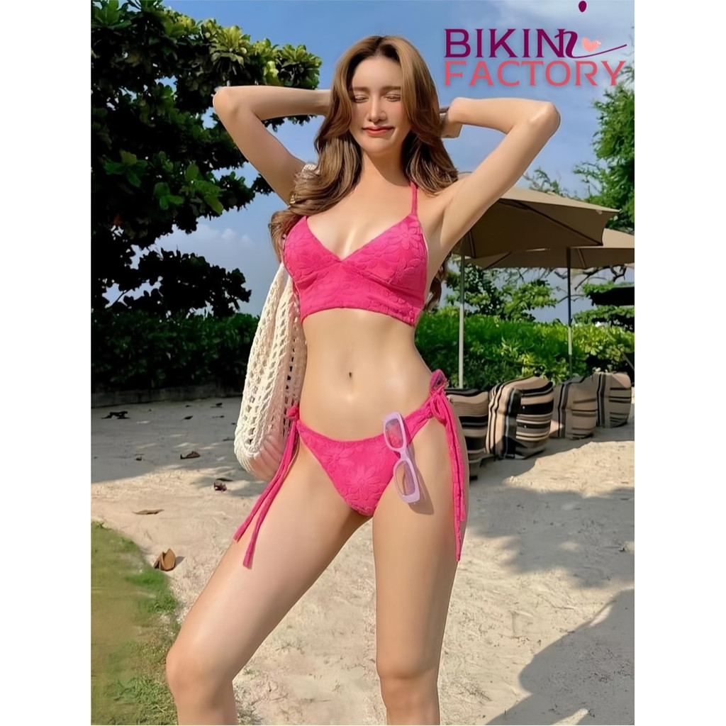 BIKINI FACTORY ชุดว่ายน้ำ bikini เซ็กซี่ เชือกมัดหลัง 🍒 สายคล้องคอ ลายดอกไม้ มีให้เลือก 3สี Y007