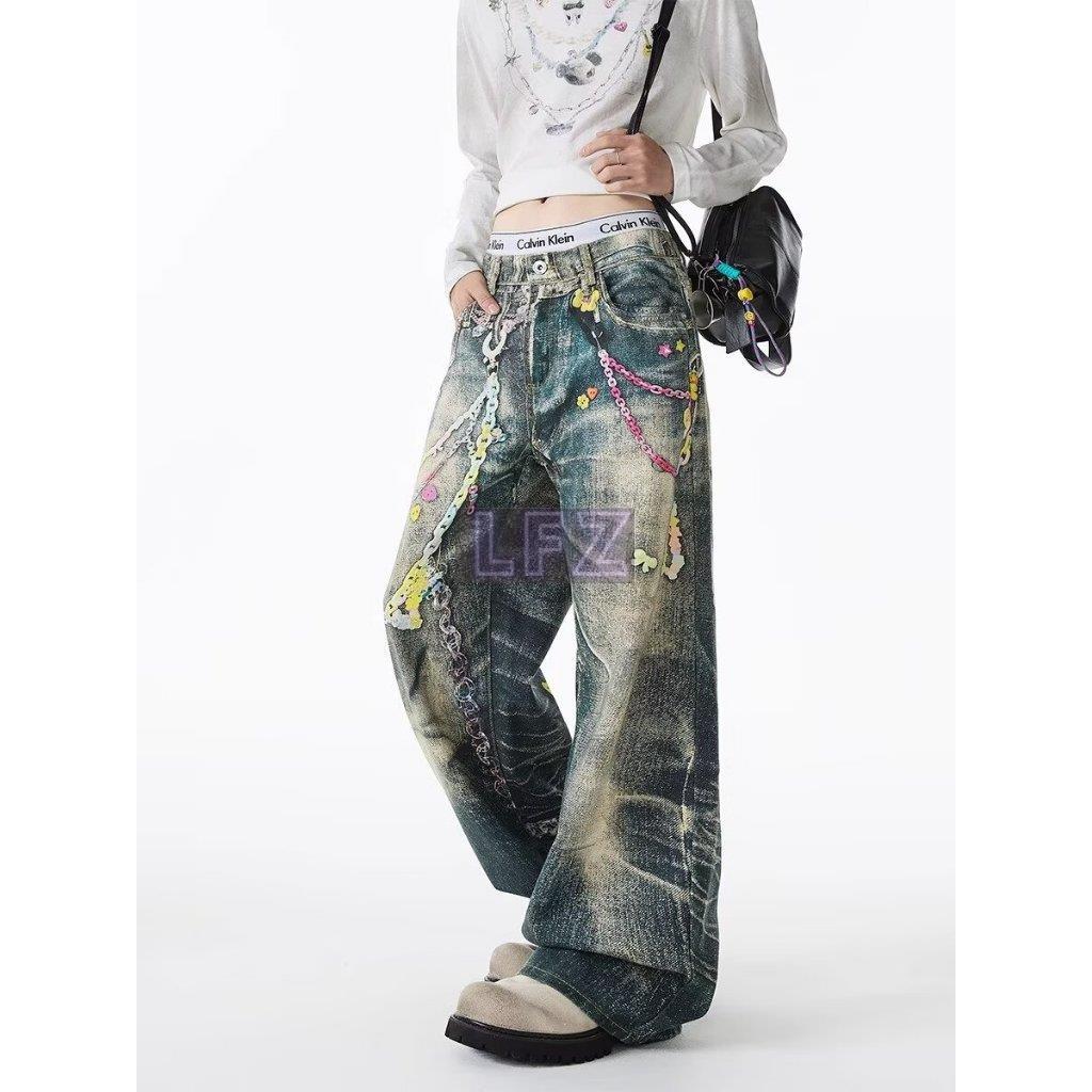 J2c6m.th กางเกงยีนส์ลายลูกปัดโซ่ ทรงหลวมสำหรับผู้ชายและผู้หญิง แบบใหม่ high street S-3XL