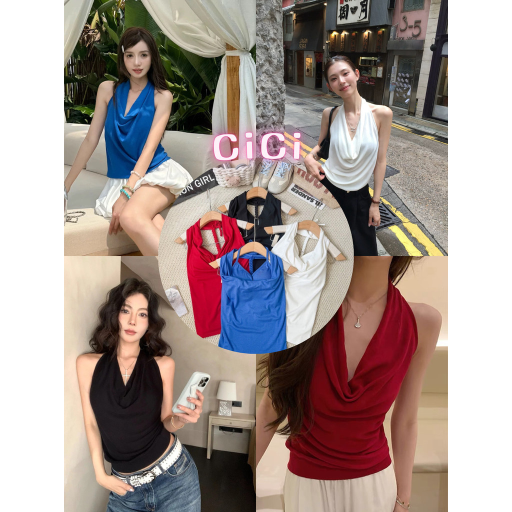 ส่งทันที Cici(No. ZS10188) เสื้อคล้องคอมีบราเย็บติดด้านในดีเทลเว้าหลังติดเชือกด้านหลัง ผ้ารัดรูป ใส่เล่นน้ำสงกรานต์แซ่บบ