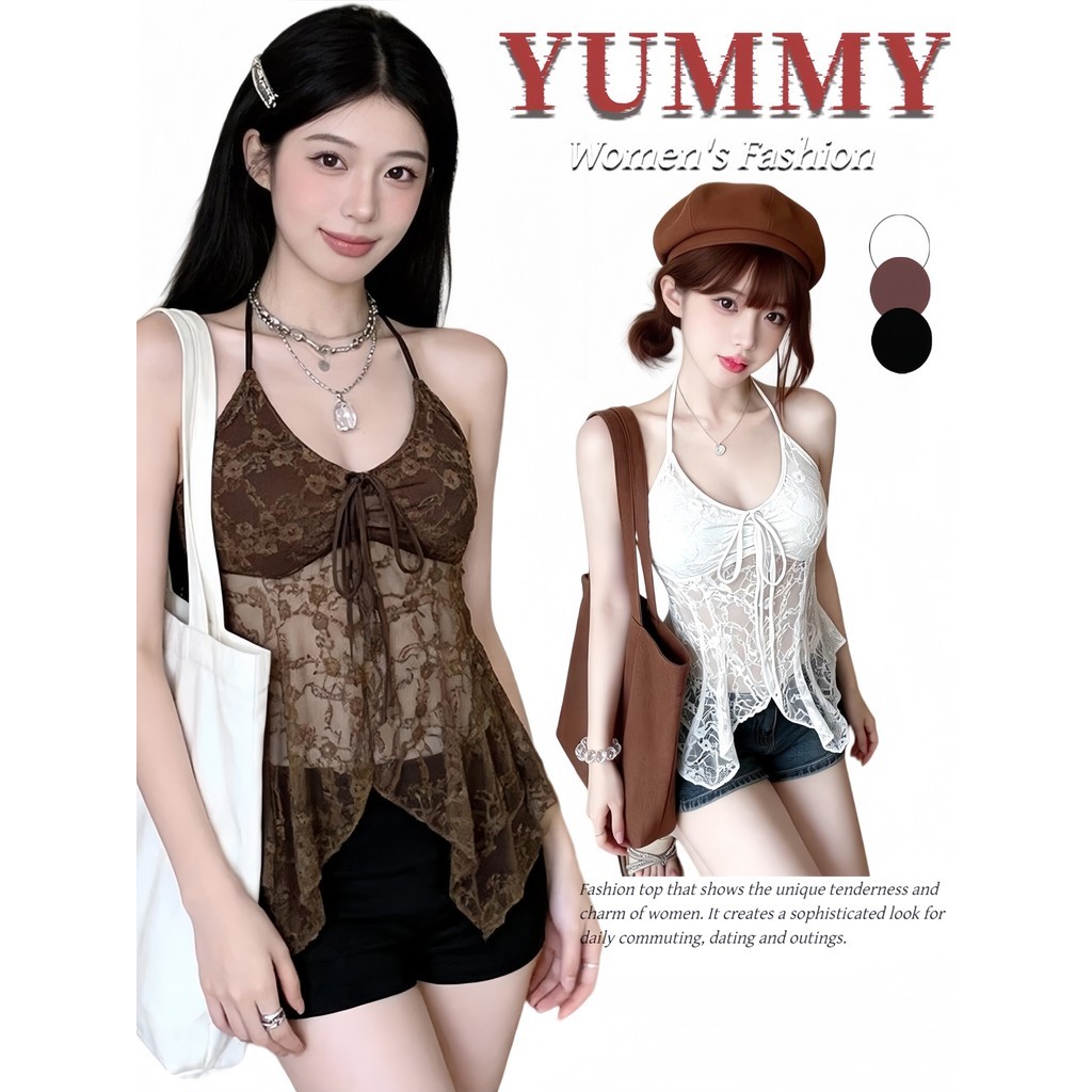 🎀Yummy Shop🎀㈢  เสื้อคล้องคอ ผ้าลูกไม้โปร่งบางเบา ใส่สบาย ดีไซน์โบว์ผูก ทรงเอไลน์ เสื้อสงกรานต์แซ่บๆ' FY9093