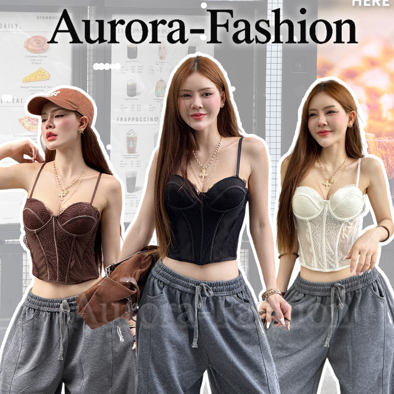 Aurora พร้อมส่ง (รูปถ่ายจากงานจริง) เสื้อสายเดี่ยว สายเดี่ยวบาง การออกแบบขอบลูกไม้ มีฟองน้ำ สไตล์เซ็กซี่
