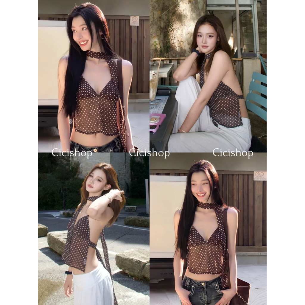 Cicishop(H88161) เสื้อสายเดี่ยวผูกคอลายPolka dots ดีเทลโชว์หลังเซ็กซี่ร้อนแรงสุด มีผ้าผันคอ สไตล์สาวเฟียส