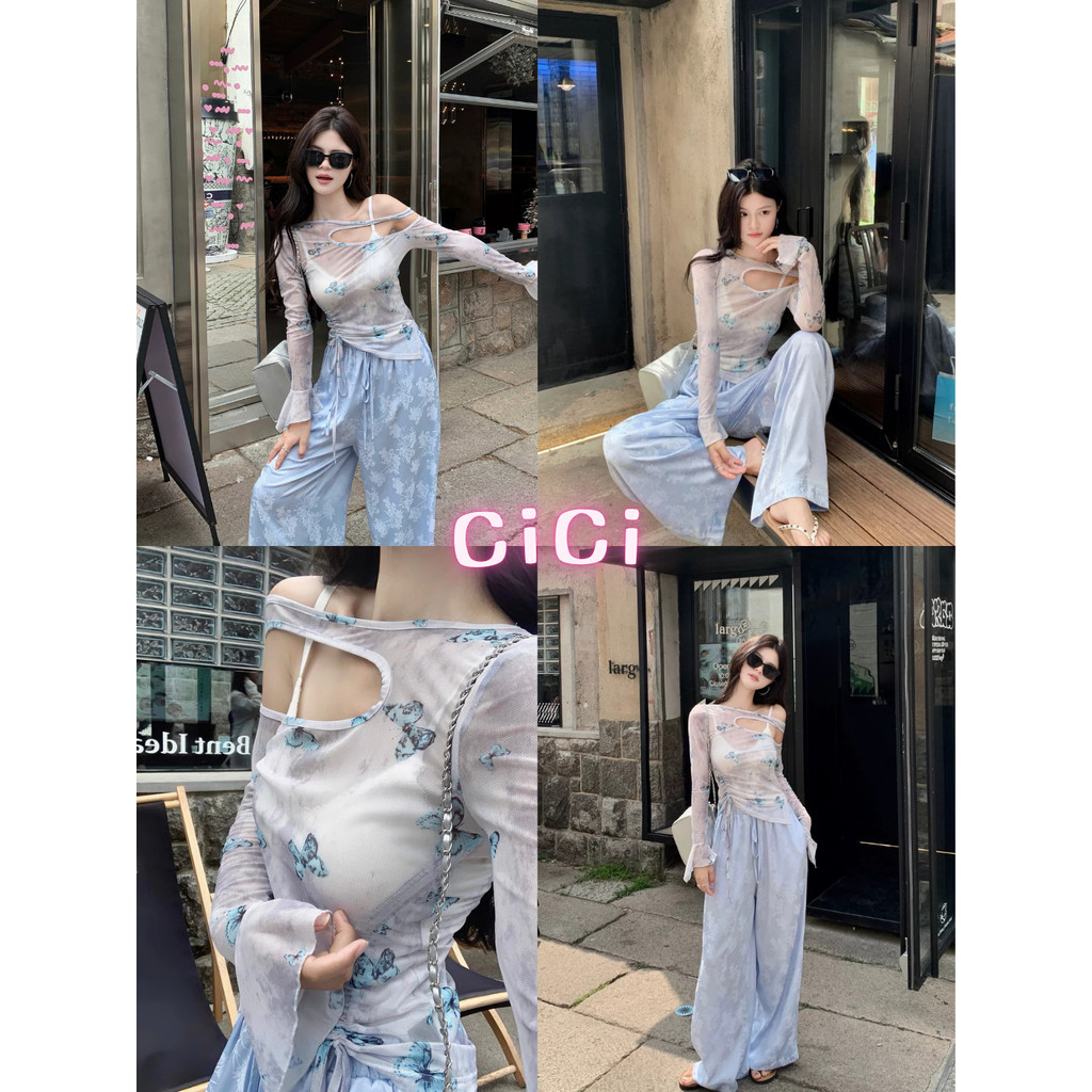 ส่งทันทีCici (No. J2528) เสื้อแขนยาวซีทรูเปิดไหล่ ปาดข้างเก๋ๆ พิมพ์ลายผีเสื้อ ดีเทลรูดข้าง เซ็กซี่เบาๆ สไตล์สาวเกาหลี