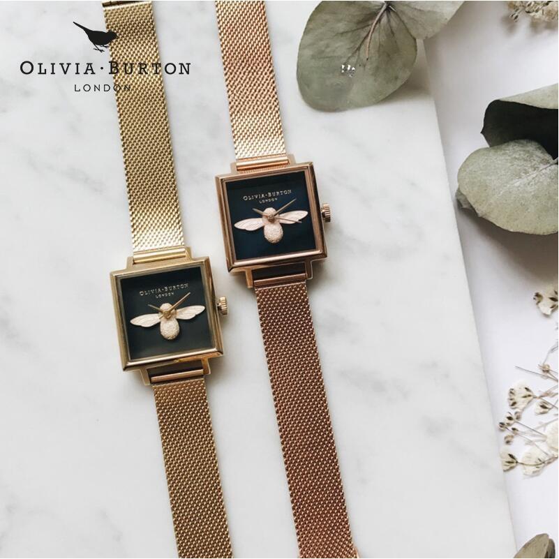 Olivia Burton Lucky Bee Grey Dial Square Rose Gold Mesh Women's Watch