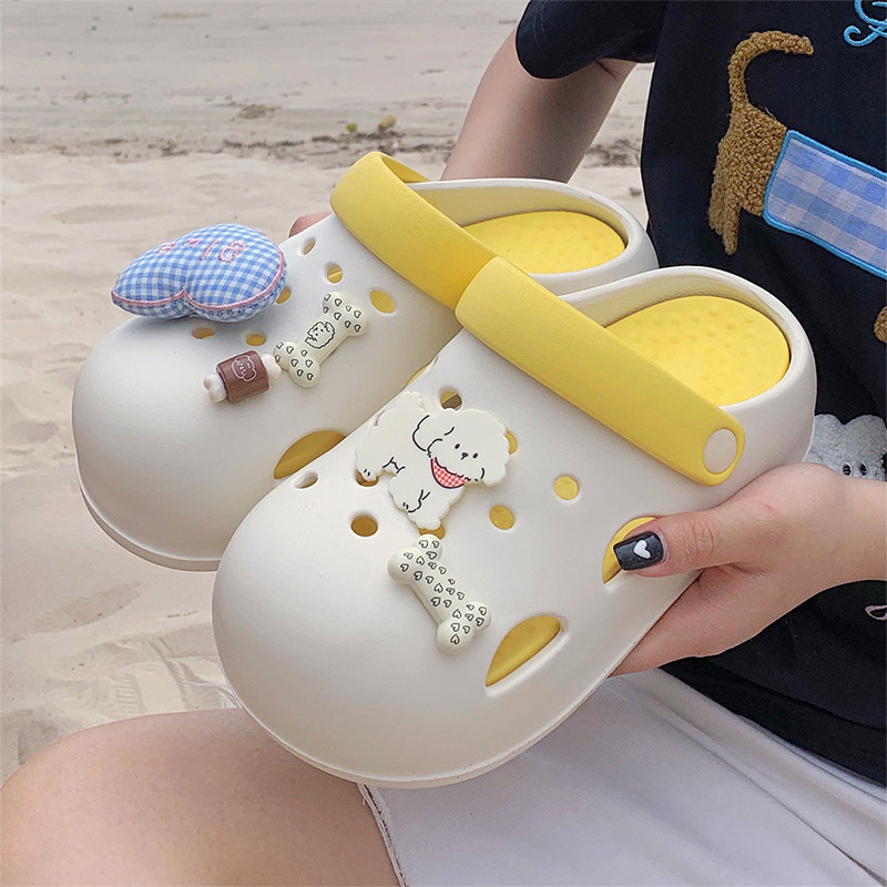 Beemory รองเท้าแตะหัวโต แฟชั่นใส่กลางแจ้ง สบายๆ มาพร้อมตัวติดลายหัวใจสก๊อตสีฟ้าขาว ลายสุนัขน่ารัก รองเท้าแตะหัวปิด