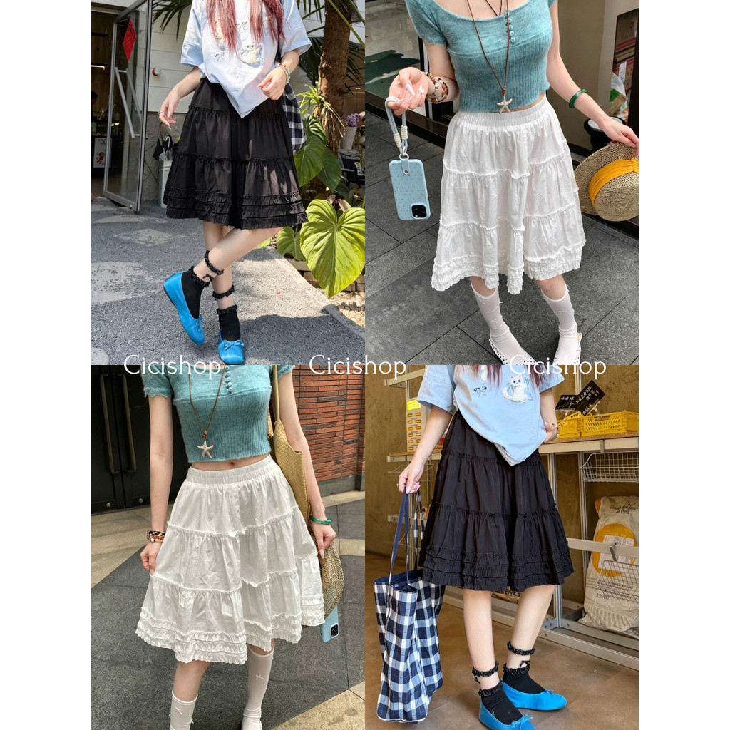 Cicishop(2612) กระโปรงสั้นแฟชั่นเกาหลี มินิมอล แต่งระบายชายกระโปรง มีซับในและเอวสม็อค สไตล์สาวคาเฟ่สุดเก๋