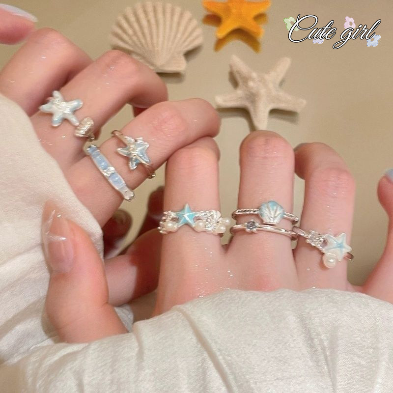 แหวน ring ปรับได้ ดาว เปลือก ไข่มุก หวาน สีเงิน ins สไตล์เกาหลี สำหรับผู้หญิง COD