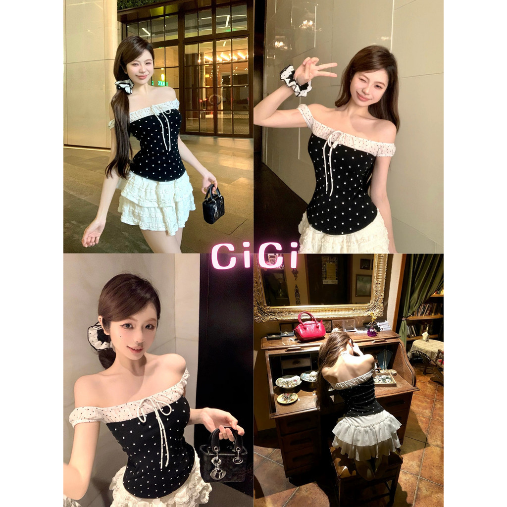 ส่งทันทีCici (No. H88176) เสื้อปาดไหล่Polkadot ดีเทลแต่งเชือกด้านหน้า จั๊มแขน ทรงครอปเข้ารูป สไตล์สาวเกาหลี