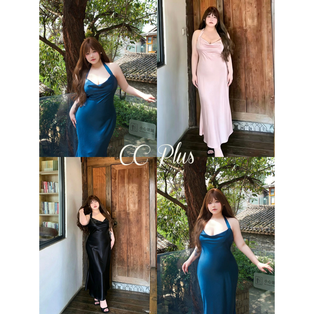 CiCi Plus+(3422) เดรสยาวผ้าซาตินคอถ่วง ดีเทลผูกเชือกด้านหลัง ใส่ออกงานปังๆ สไตล์สาวพลัสไซส์