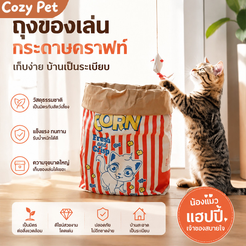 ถุงของเล่นแมวกระดาษคราฟท์ 75x35ซม เล่นซ่อนหา คลายเครียด ทนต่อการฉีกขาด เหมาะสำหรับสุนัขและแมวตัว