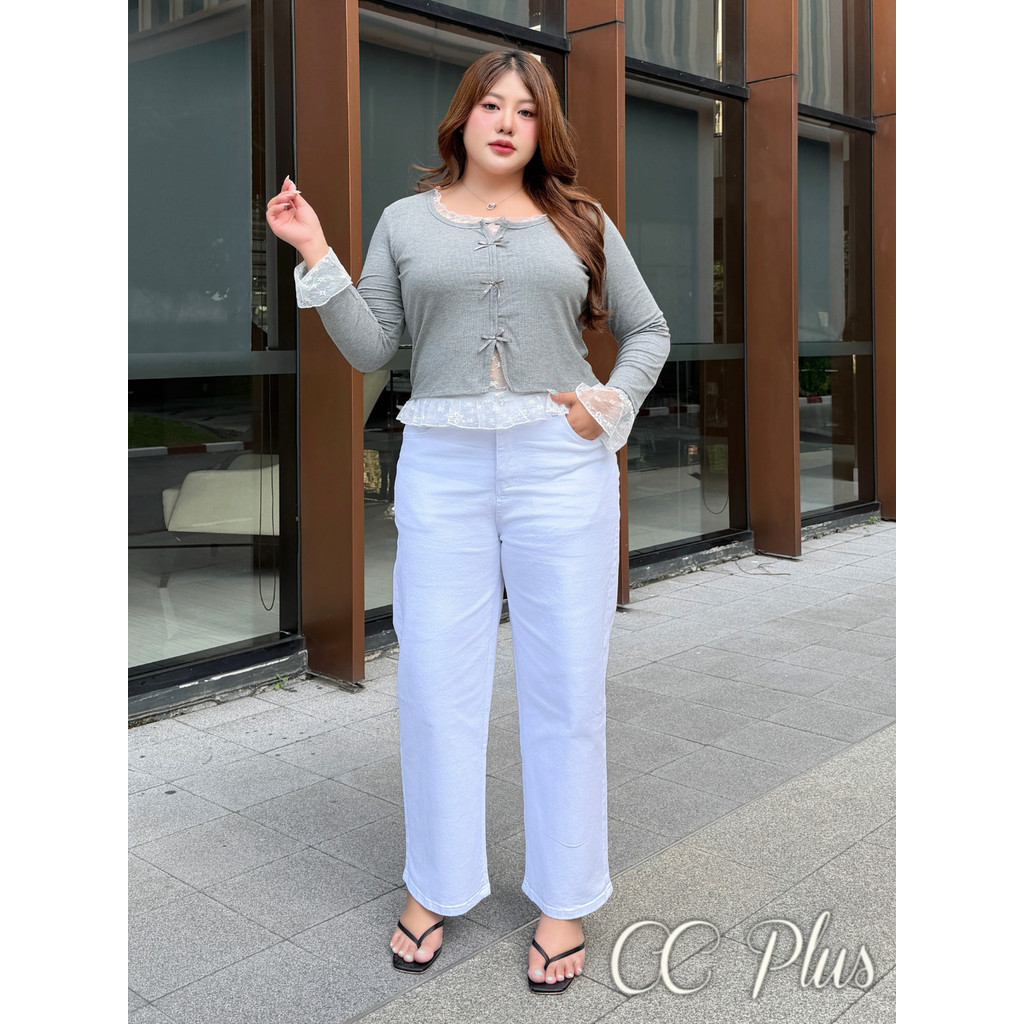 CiCi Plus+(512) กางเกงยีนส์ขากระบอกยาวสีขาว White Denim ทรงคลาสสิก ผ้ายืดนุ่มเรียบหรูดูแพงแมตช์ง่าย สไตล์สาวพลัสไซส์