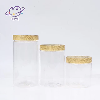 [mayhome] ภาชนะขวดใสเปล่าพร้อมฝาปิดไม้เทียมพลาสติก {TH}