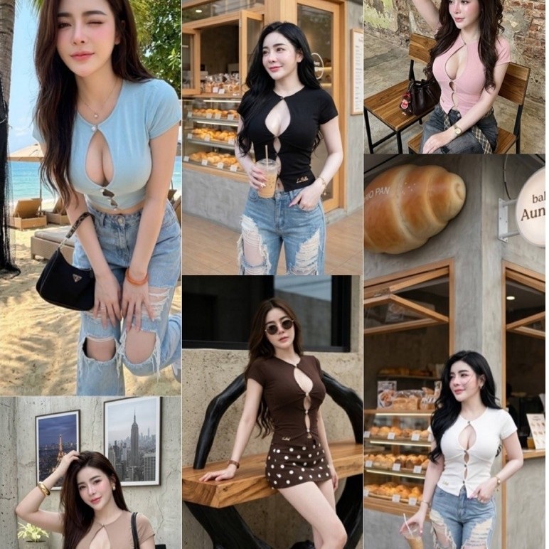💕ShopBypuy💕เสื้อโชว์อกแขนสั้นกระดุมเพชร