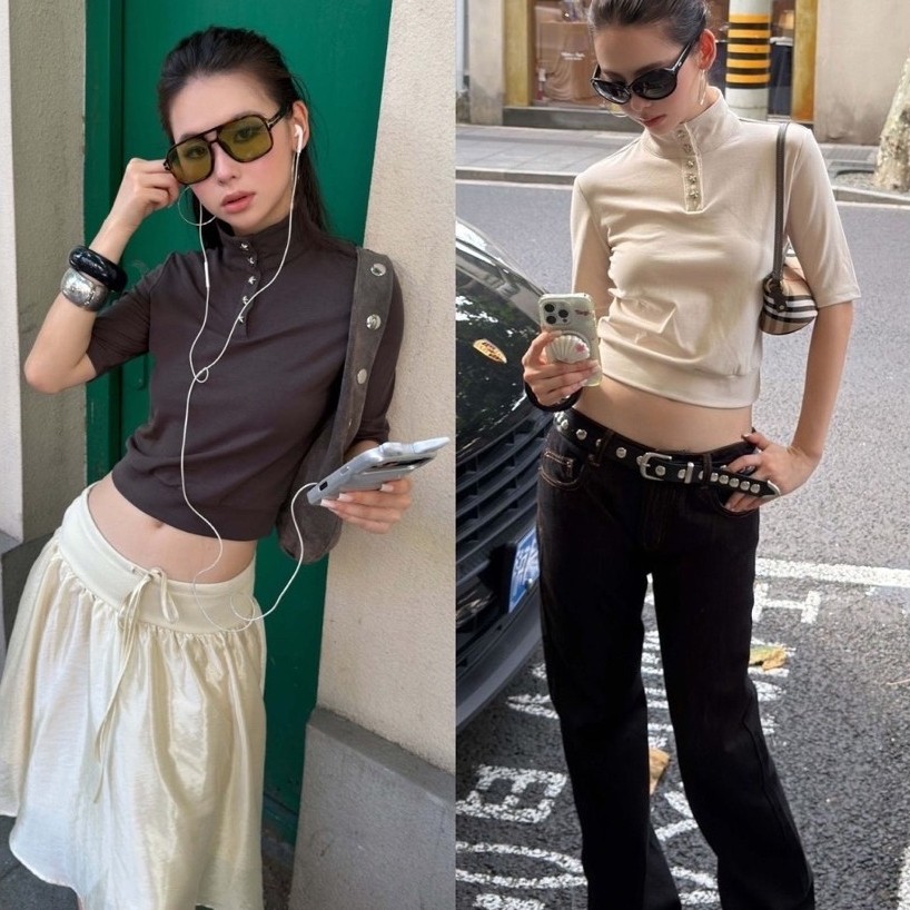 mid-sleeve top เสื้อยืดแขน 3 ส่วน กระดุมรูปดาว ผ้ายืดหยุ่น ทรงพอดีตัว