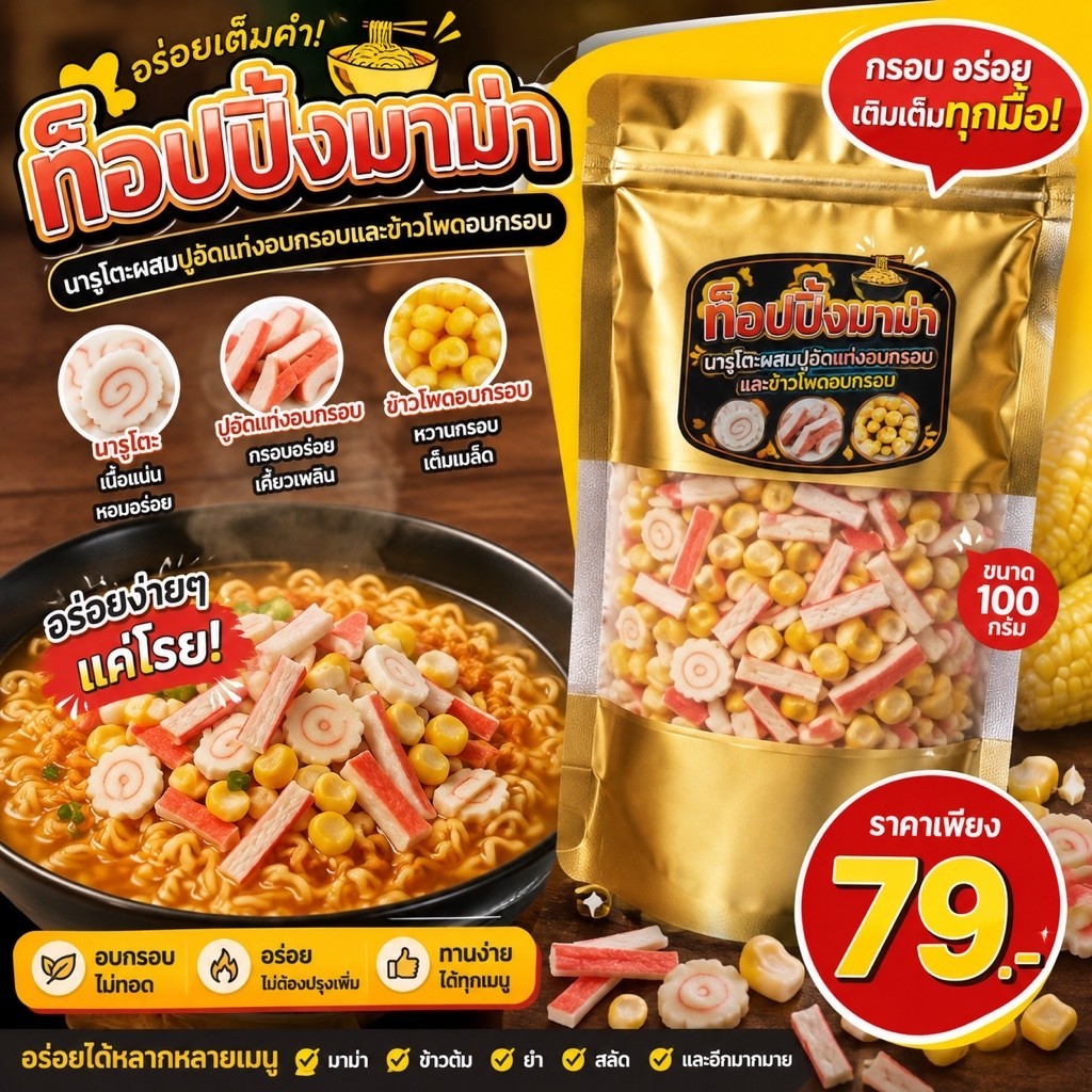 ท๊อปปิ้งมาม่า ขนาด 100 กรัม  ปูอัดอบกรอบ นารุโตะ ข้าวโพดอบกรอบ