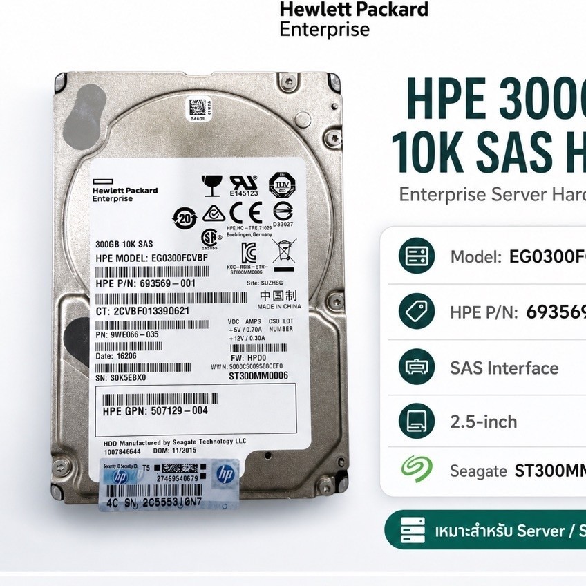 HPE / HP 300GB 10K SAS 2.5” Enterprise HDD สำหรับ Server
