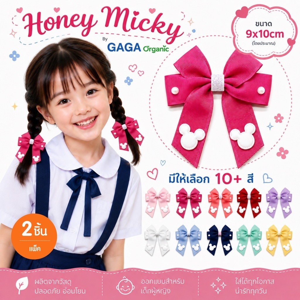 [2ชิ้น/แพ็ค] GAGA กิ๊บติดผม 🩷Honey Mickey 🩷 โบว์ติดผมเด็ก (9x10cm)