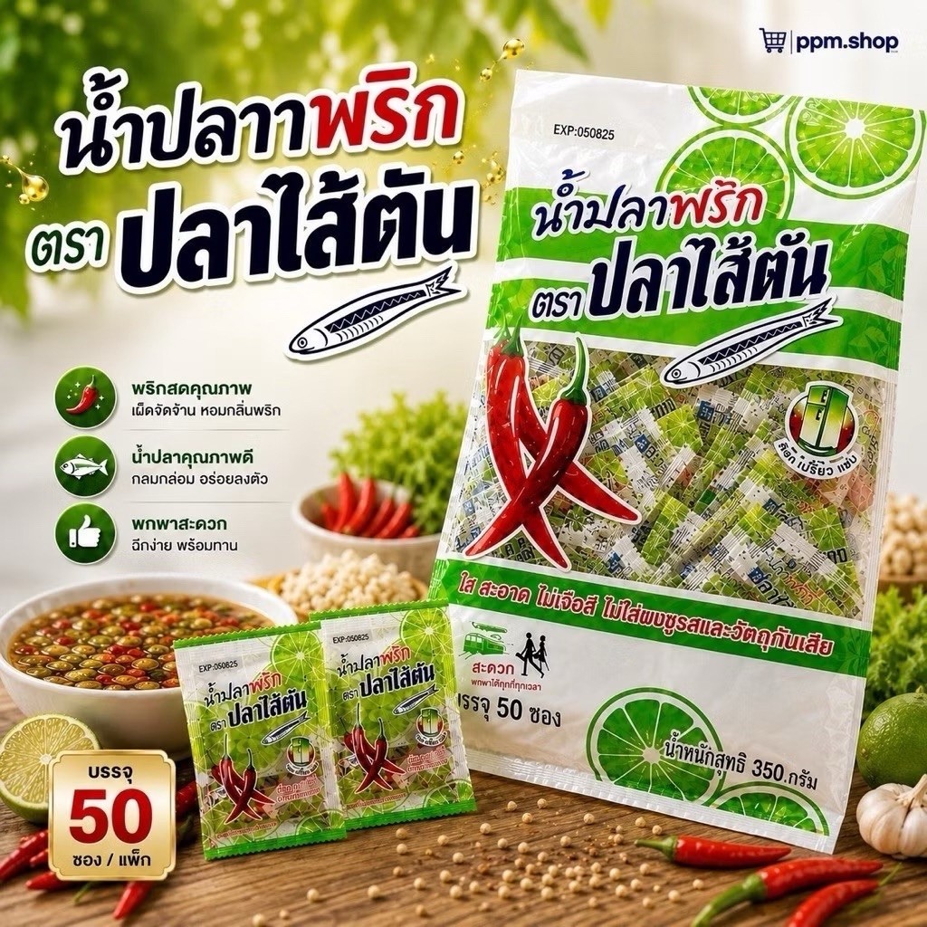 น้ำปลาพริก ตราปลาไส้ตัน น้ำหนักสุทธิ 350 กรัม บรรจุ 50 ซองต่อเเพ็ค
