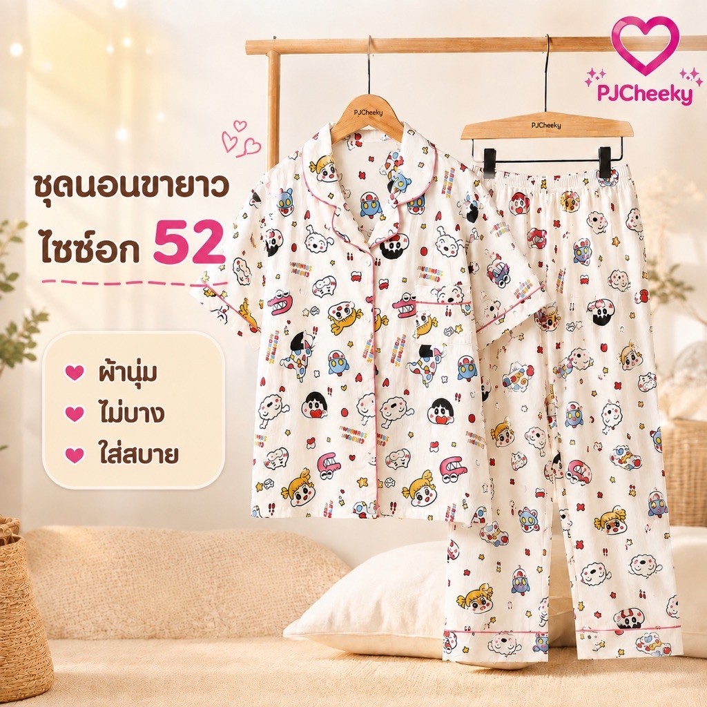 PJC ชุดนอนผู้หญิงบิ๊กไซซ์ อก 52นิ้ว ผ้าไหมญี่ปุ่นเสื้อแขนสั้นกางเกงขายาว