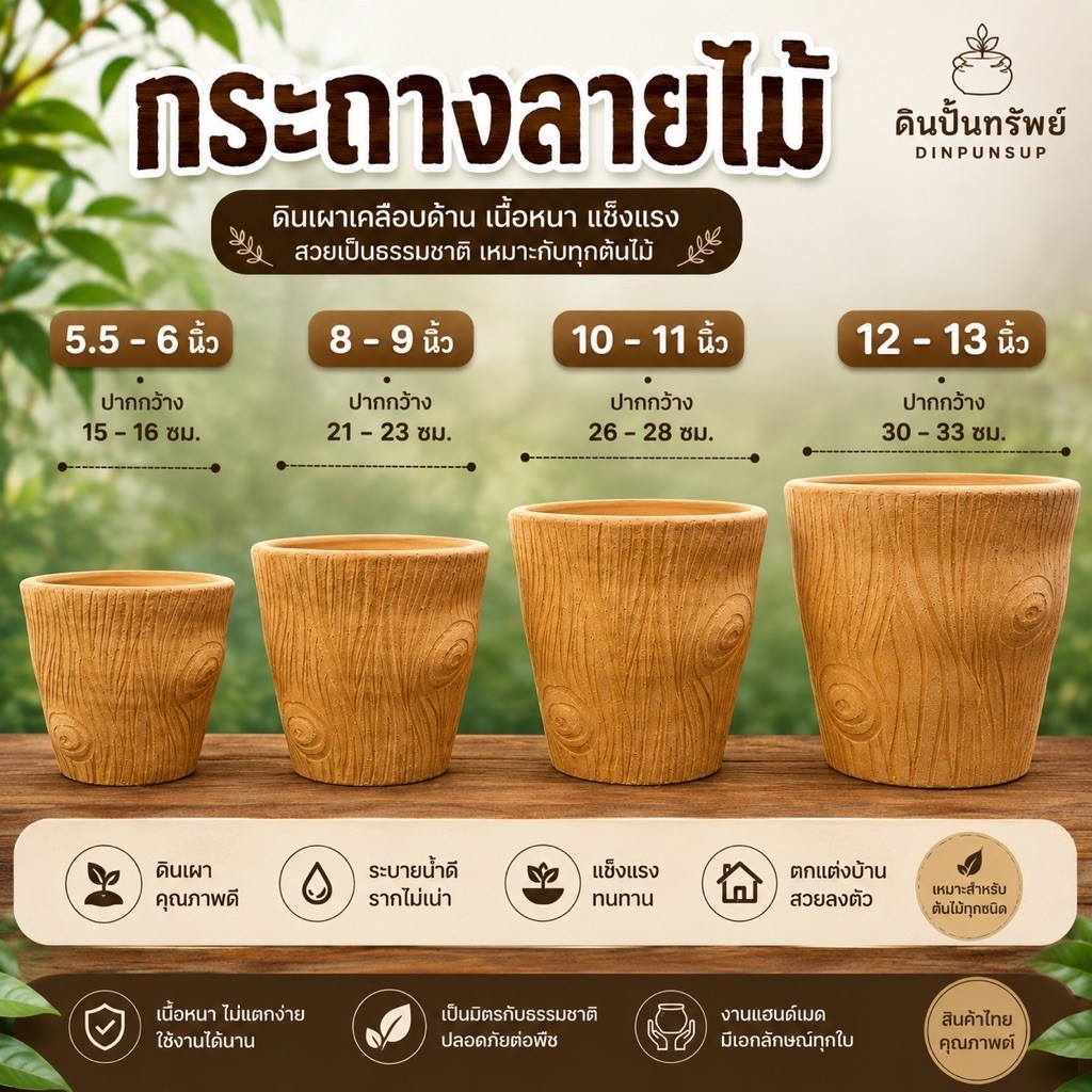 กระถางต้นไม้ดินเผาลายไม้ ขนาด 6-13นิ้ว