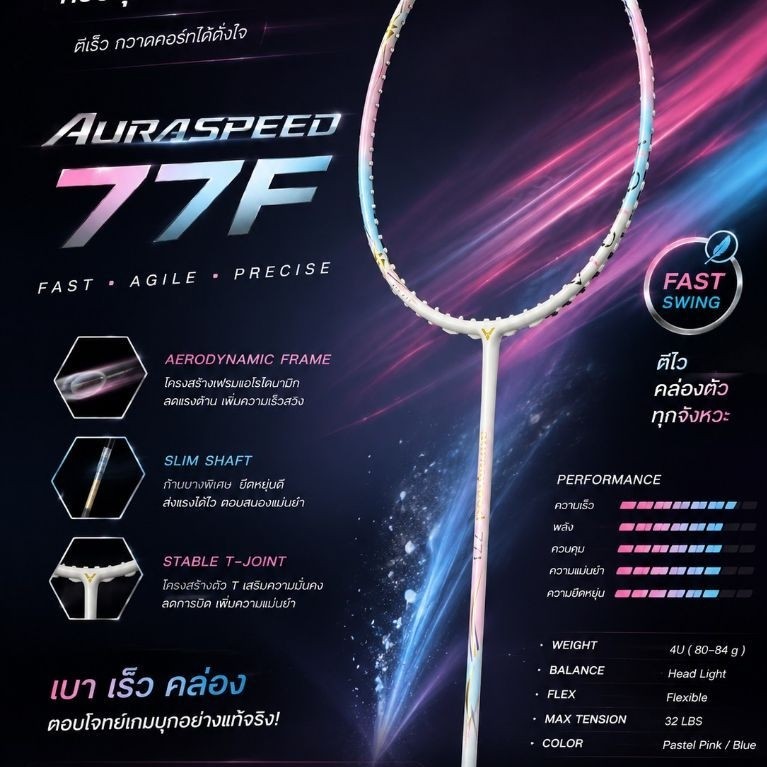 VICTOR ไม้แบดมินตัน รุ่น Auraspeed 77F 4U แถมเอ็น+กริป+ซอง แท้ 💯%