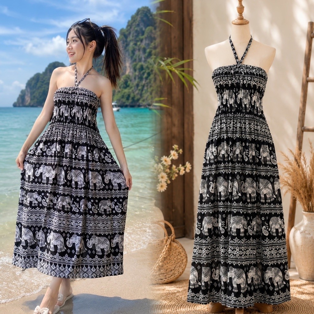 เดรสช้าง ชุดลายช้างเกาะอก ชุดไปทะเล ผลิตจากไทย
