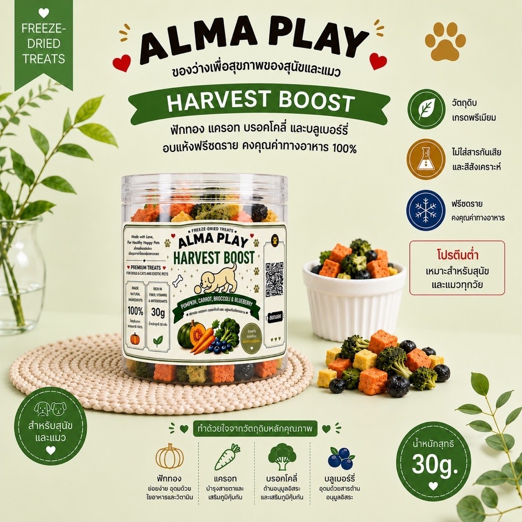 ALMA PLAY HARVEST BOOST ขนมผัก 3 สีและบลูเบอรี่ฟรีซดราย สำหรับสุนัขและสัตว์เลี้ยง