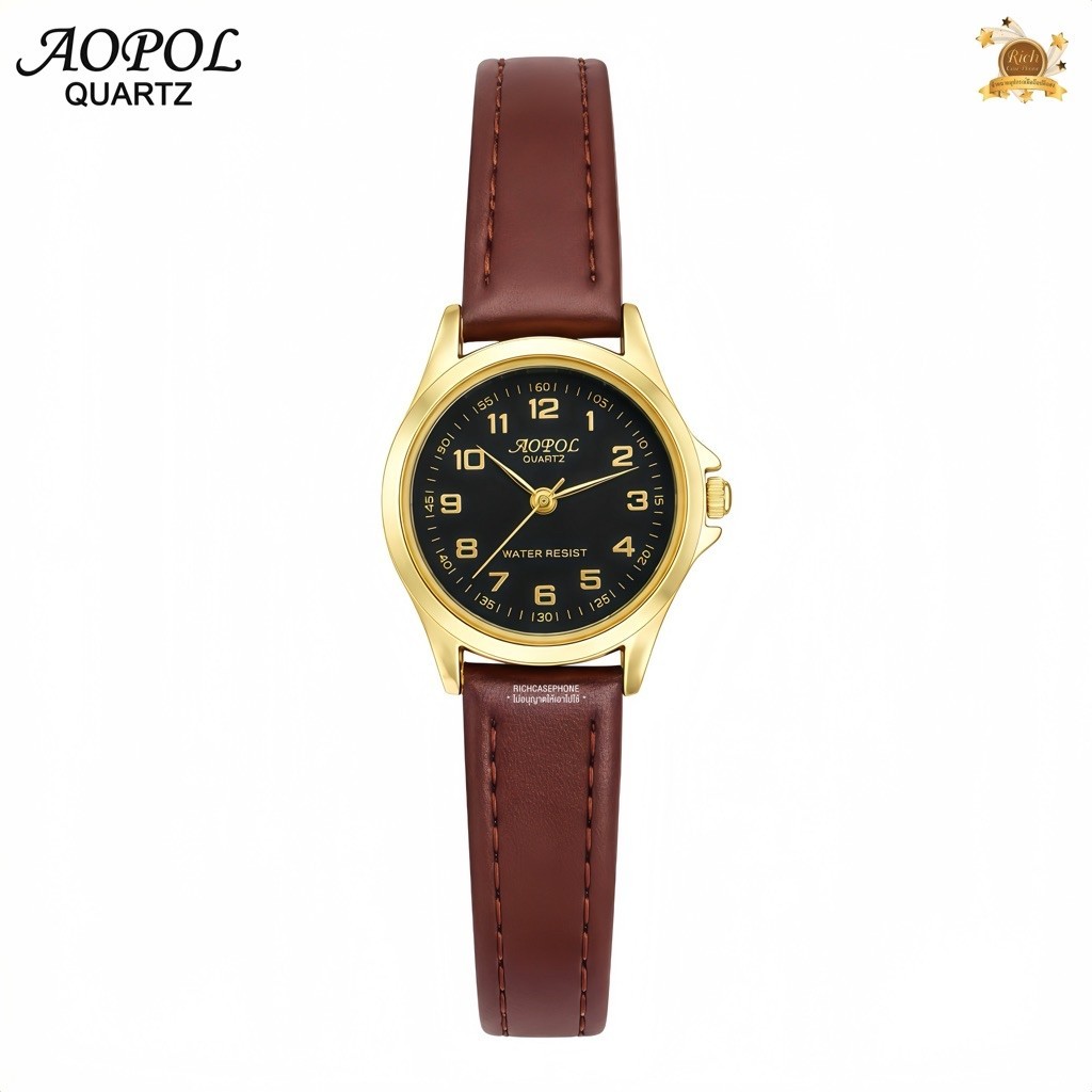 นาฬิกา AOPOL แท้ รหัส AP117 หน้าปัดกลม ขอบทอง สายหนัง มีหลายสี หน้าปัด 24 mm