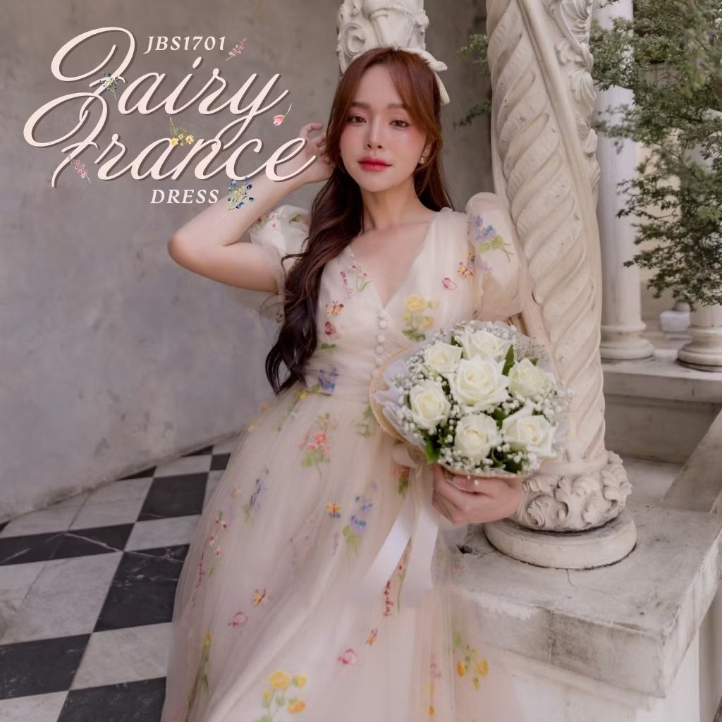 JBS1701 Fairy France sky dress มินิเดรส ผ้ามุ้งสีครีม size xs งานมือสอง