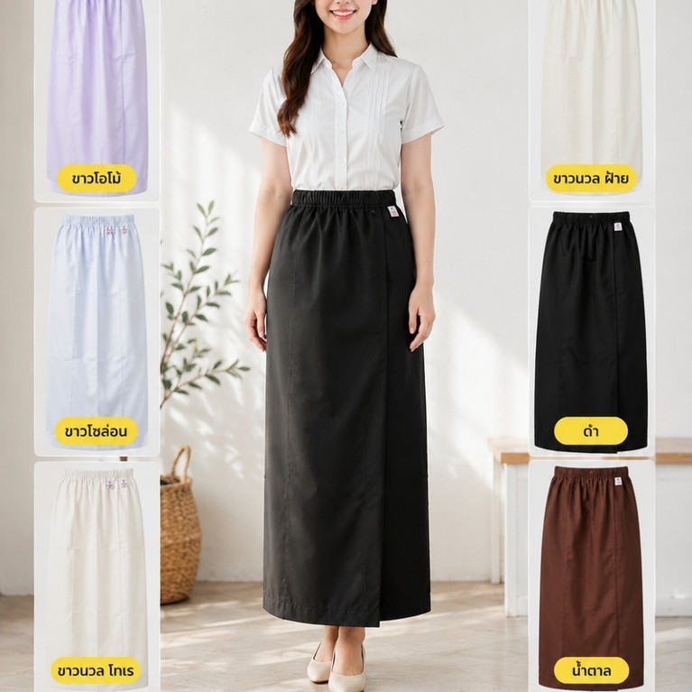 รัตนาภรณ์ ผ้าถุงกระโปรงเอวยาง สีขาว ดำ น้ำตาล S-3XL พร้อมส่ง