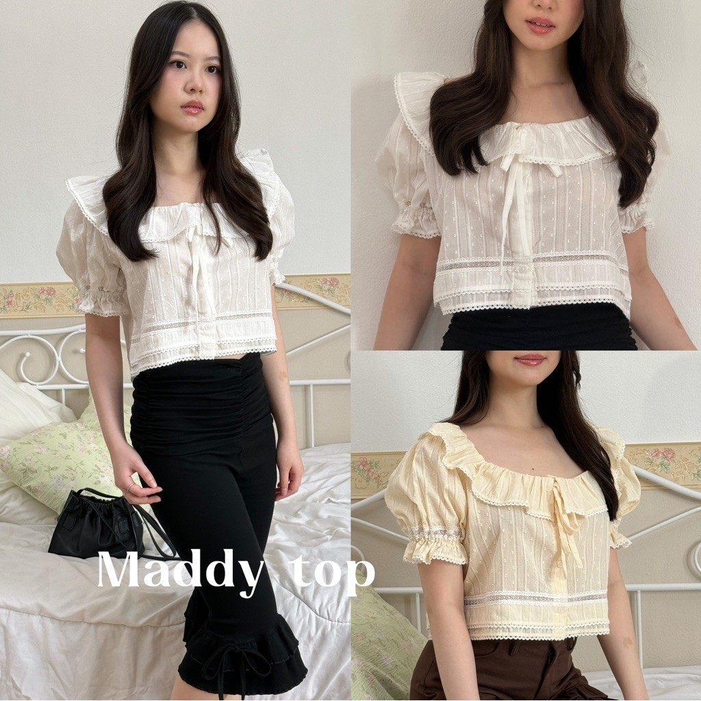 maddy top เสื้อคอตตอนฉลุ เสื้อคอระบาย soft girls cottage girls | dressylismm
