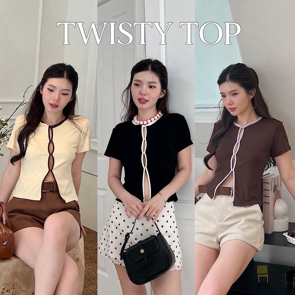 SHOP.POPO-Twisty top เสื้อแขนสั้นผ้ายืดดีเทลเย็บแหวกด้านหน้า