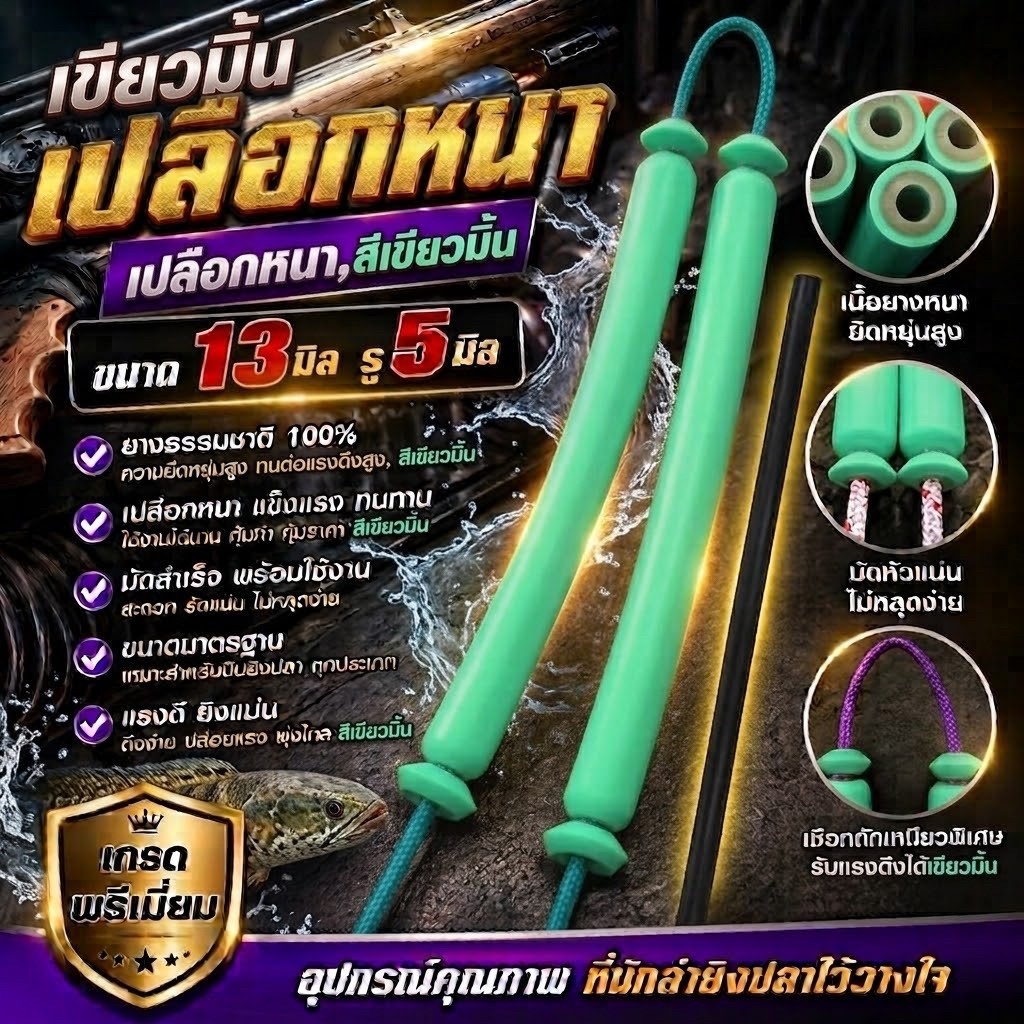 ยางยิงปลามัดสำเร็จ สีเขียวมิ้นเปลือกหนา ขนาด 13 มิล รูใน 5 มิล #ลูกค้าเลือกขนาดเองได้ตั้งแต่ 10-25 cm #ยางยิงปลา