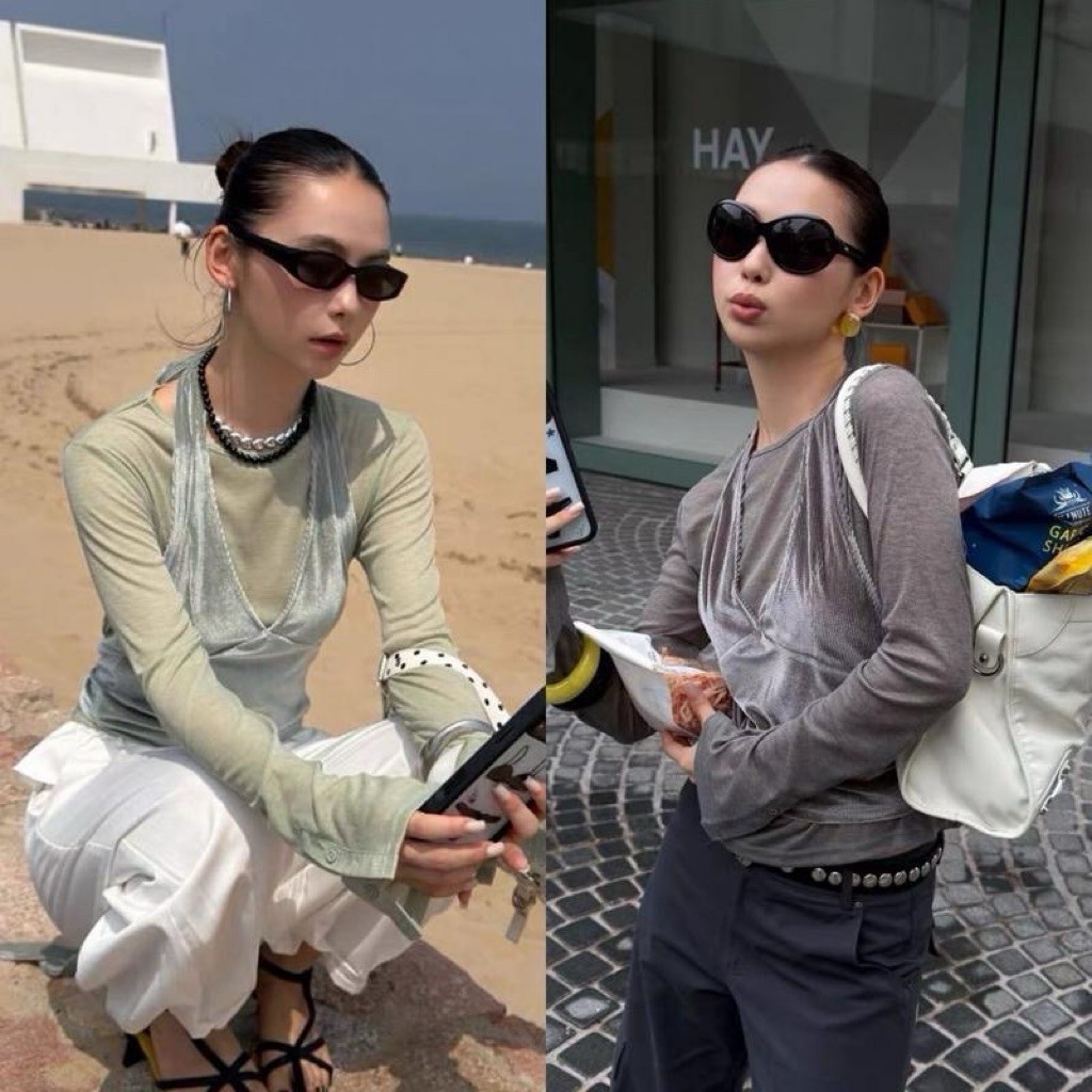 Glamorg1116-เซ็ต2ชิ้น เสื้อคอกลมแขนยาว+เสื้อคล้องคอผูกหลังกำมะหยี่
