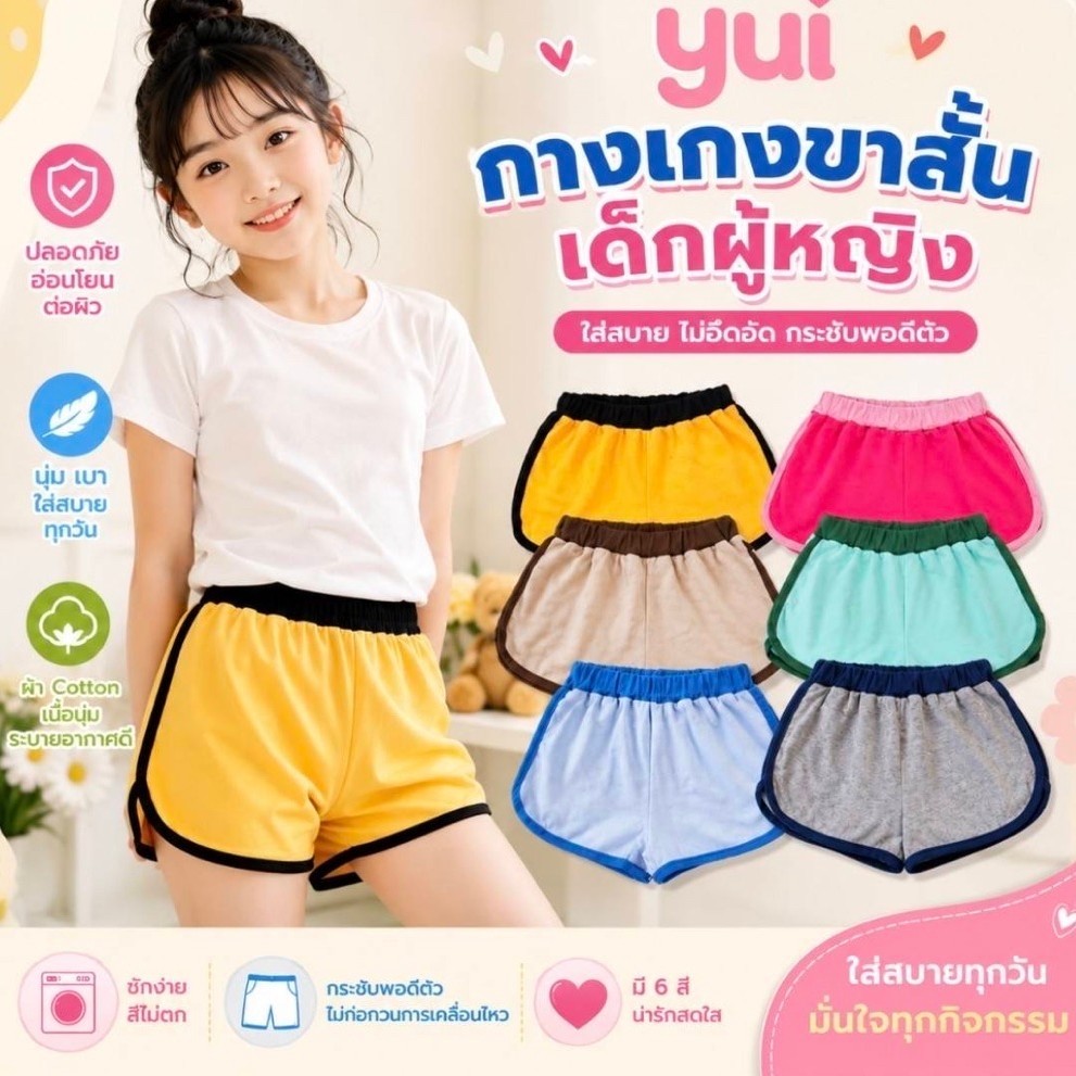 Yui กางเกงขาสั้นเด็กผู้หญิง อายุ 3-14 ปี "ขอบเอวสลับสี" ผ้า Cotton เอวยางยืด