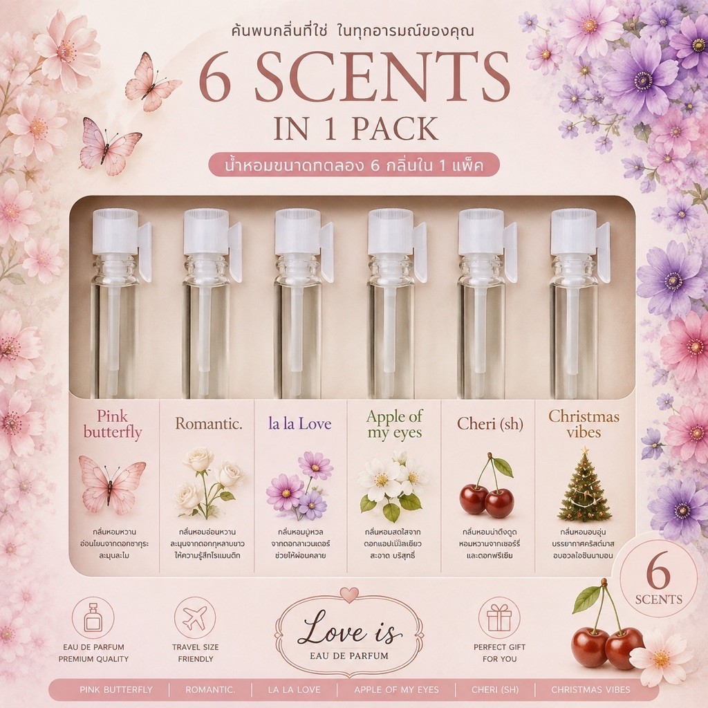 น้ำหอมขนาดทดลอง 6 กลิ่นยอดนิยม(1 แพ๊ค)