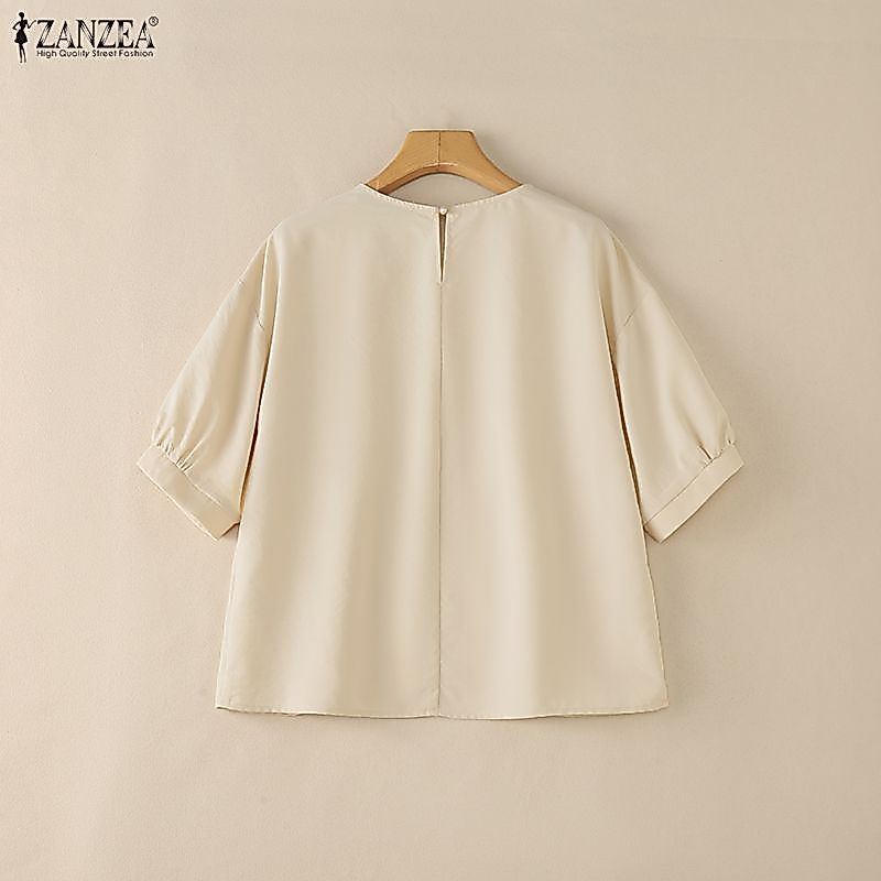 ZANZEA ผู้หญิงวินเทจ Minimalist Casual คอกลม 3/4 แขนโคมไฟ Pleats หลวมสีทึบเสื้อ — صورة 8