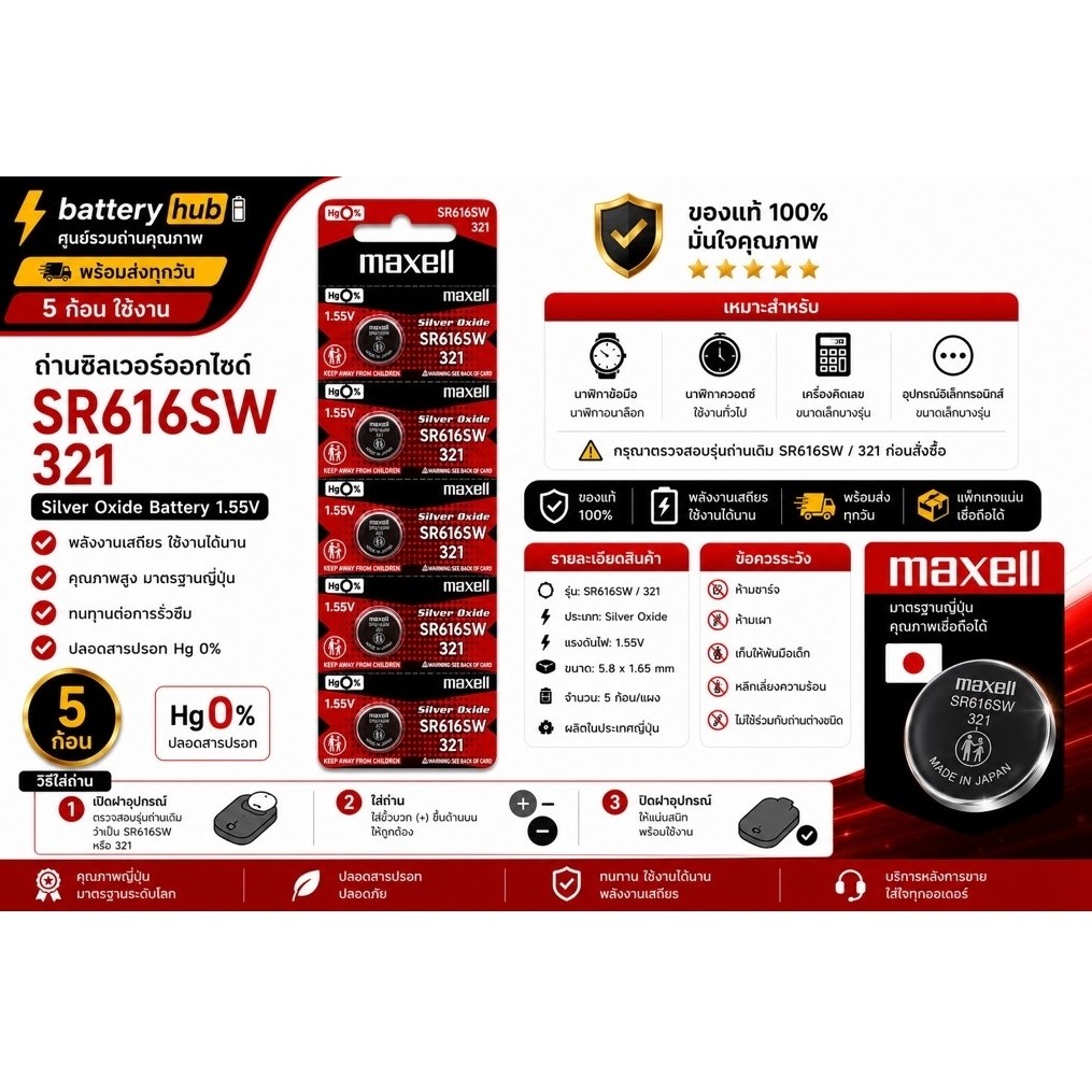 Maxell SR616SW 321 ถ่านนาฬิกา Silver Oxide 1.55V ของแท้ 5 ก้อน/แผง