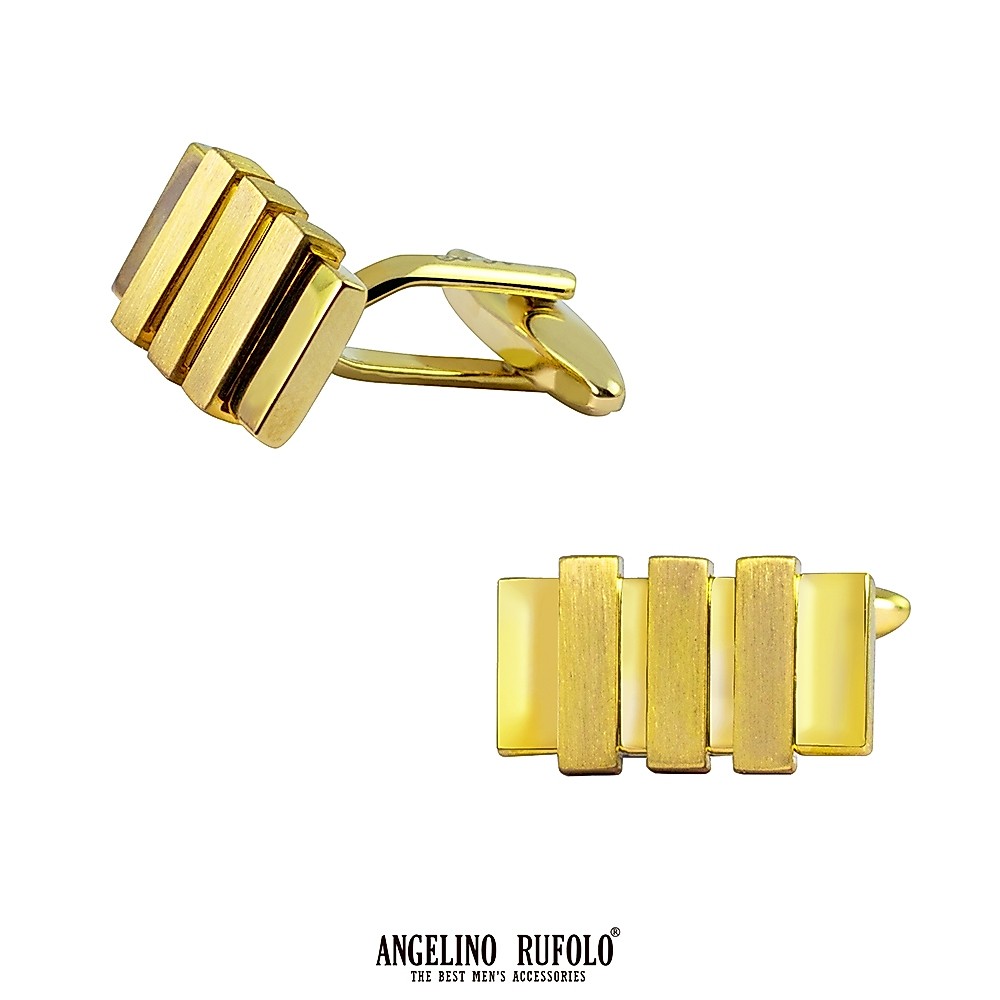 ANGELINO RUFOLO Cufflink(คัฟลิงค์) ดีไซน์ Gold Stripe กระดุมข้อมือคัฟลิ้งโรเดียมคุณภาพเยี่ยม สีทอง