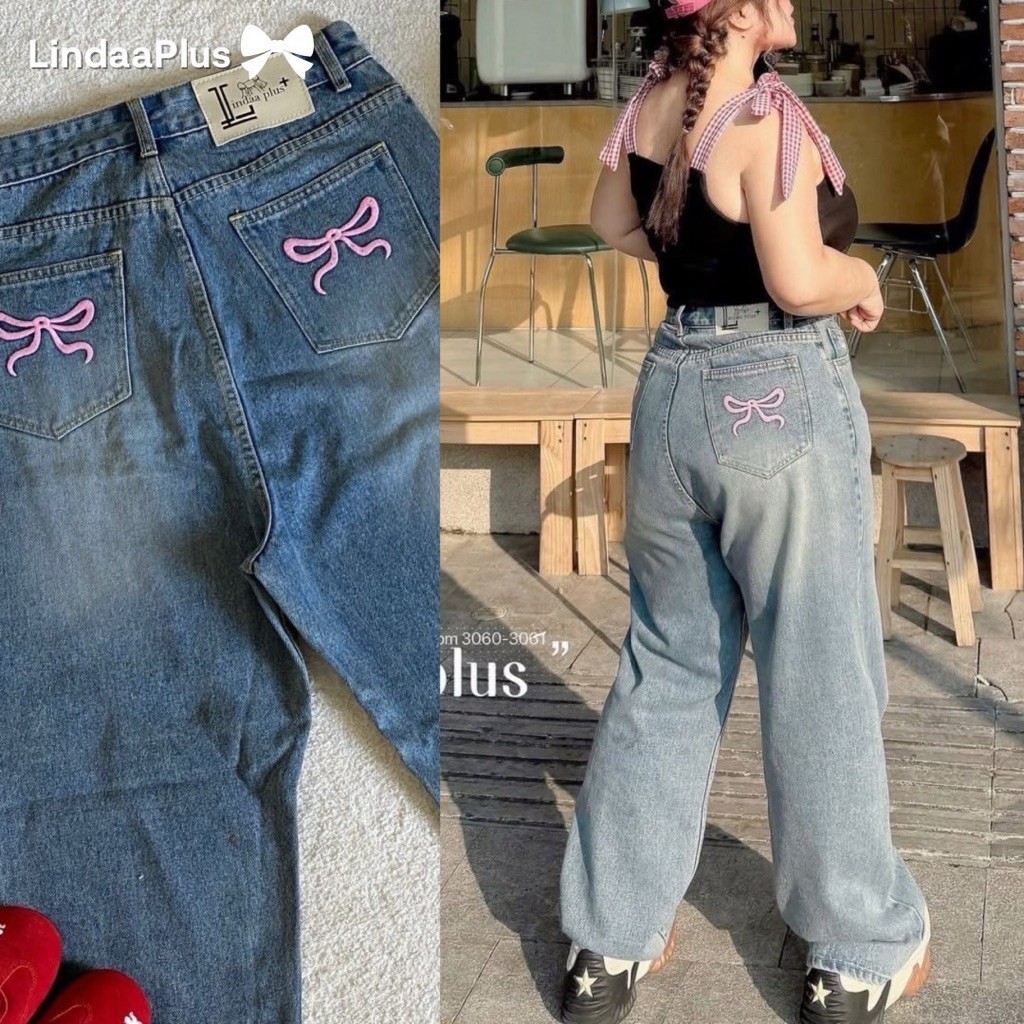 LindaaPlus--“𝐁𝐨𝐰 𝐉𝐞𝐚𝐧𝐬 ” กางเกงยีนส์ขากระบอกเล็ก ดีเทลปักโบว์ที่กระเป๋าหลัง แพทเทิร์นสาวอวบโดยเฉพาะ