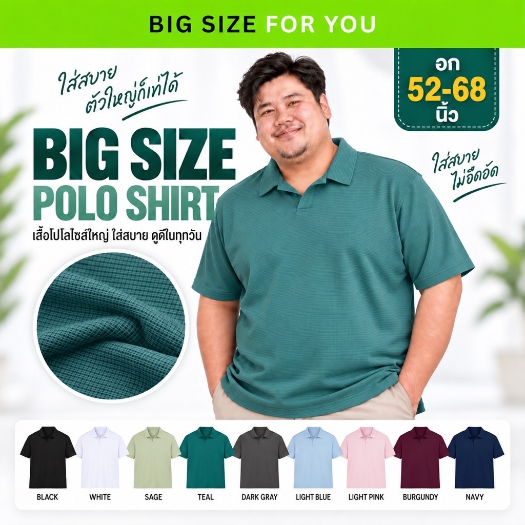 เสื้อโปโล คอปก ไซส์ใหญ่ รอบอก 52-68นิ้ว ใส่สบายไม่ร้อน ใส่ทำงาน ผ้านิ่ม ยืดได้ (ไม่มีกระดุม)