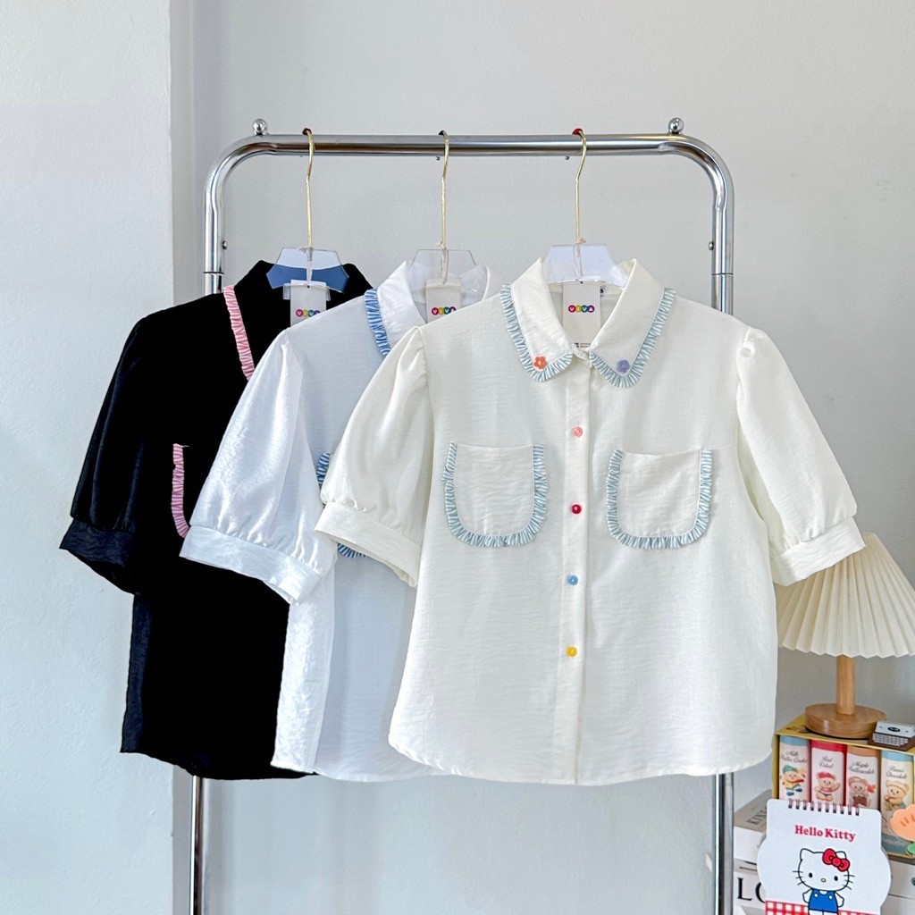 เสื้อเชิ้ต ตัวปกและกระเป๋าแต่งขอบริ้วสี กระดุมหลากสี