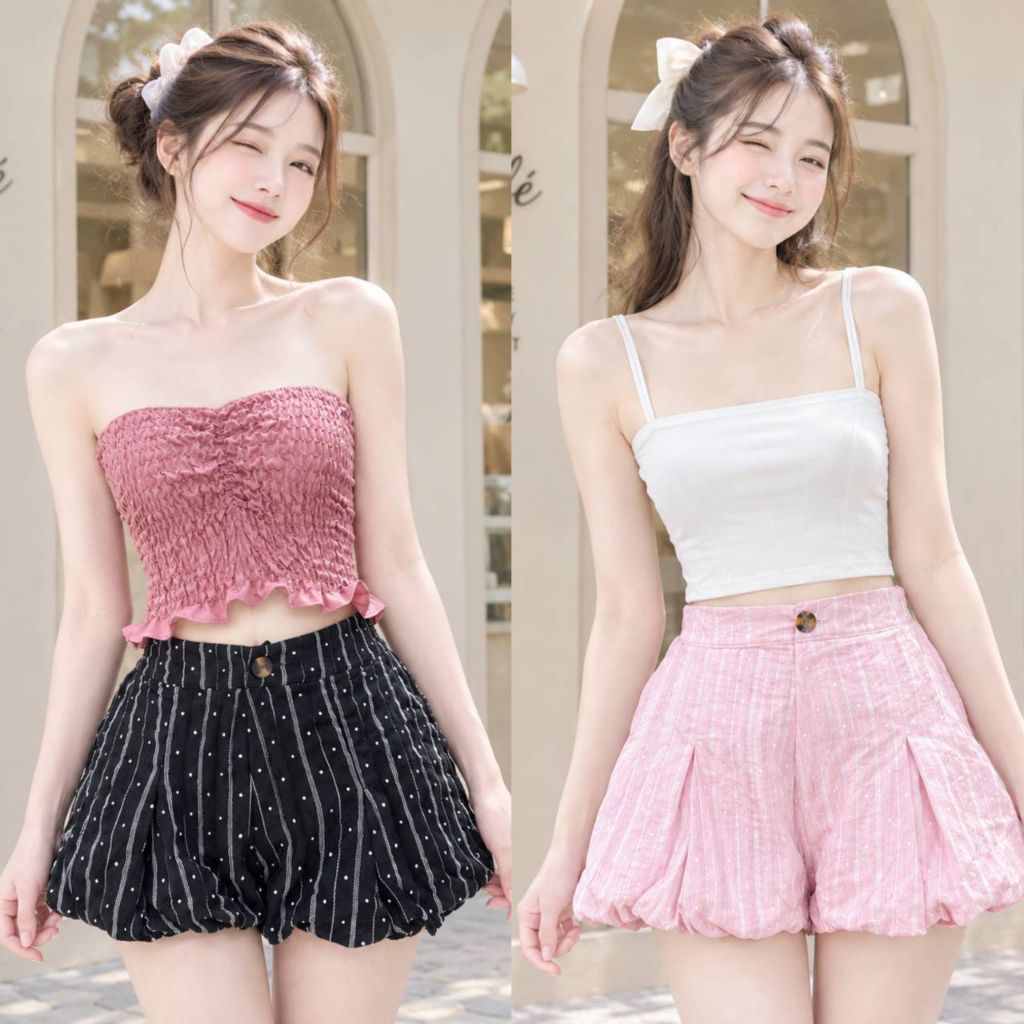 Mahahengcloset กางเกงขาสั้นทรงบอลลูน ผ้าสลาฟลายจุด เอวยางยืดสม็อกหลัง ทรงน่ารักมาก คาวาอี้สุดๆ