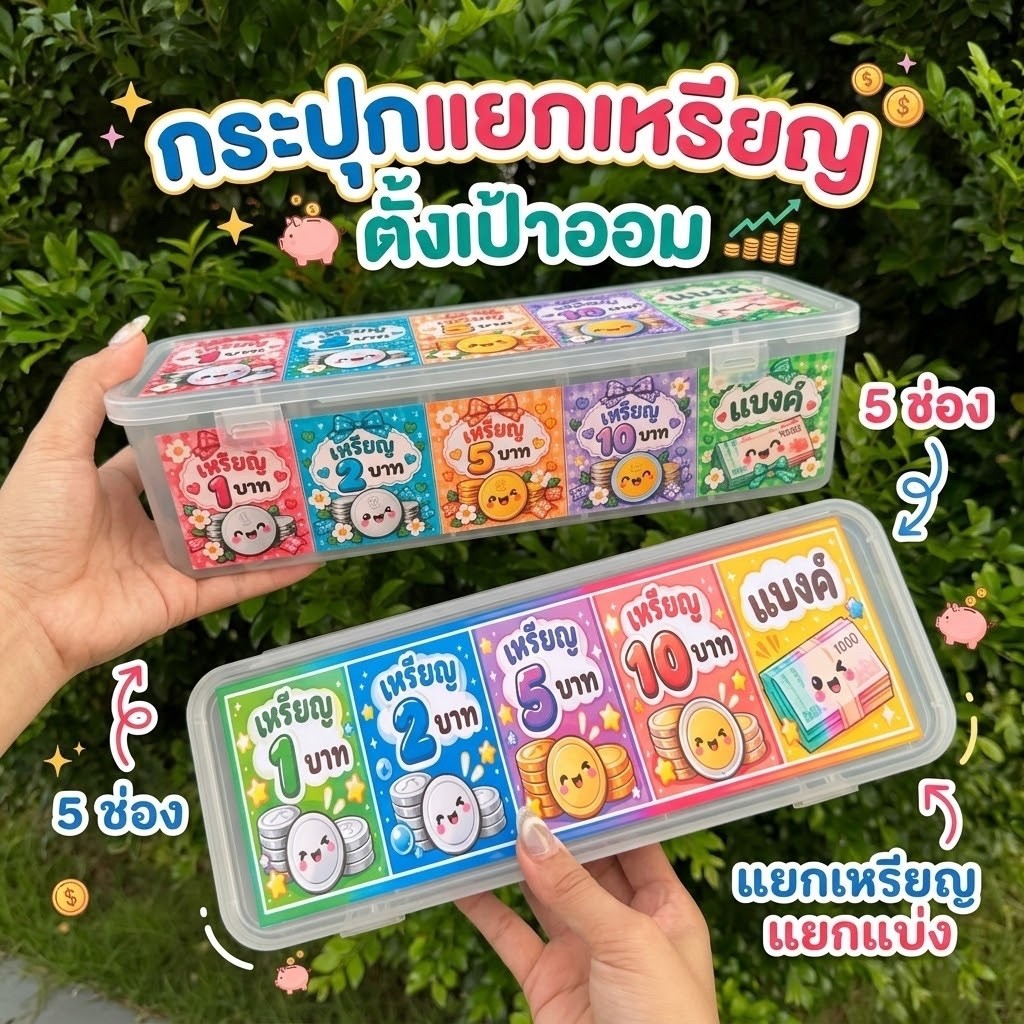 กระปุกแยกเหรียญ 5 ช่อง ใส่เงิน แยกเงิน วัสดุPP หนา แข็งแรง กันฝุ่น กันน้ำ