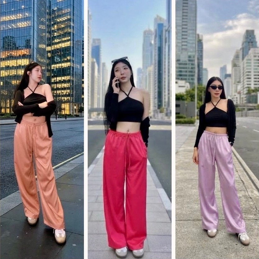 B กางเกงขายาวผู้หญิง ผ้าซาร่า มีความเงางาม หรูหรา เรียบลื่น ทรงขาปล่อยสไตล์เกาหลี