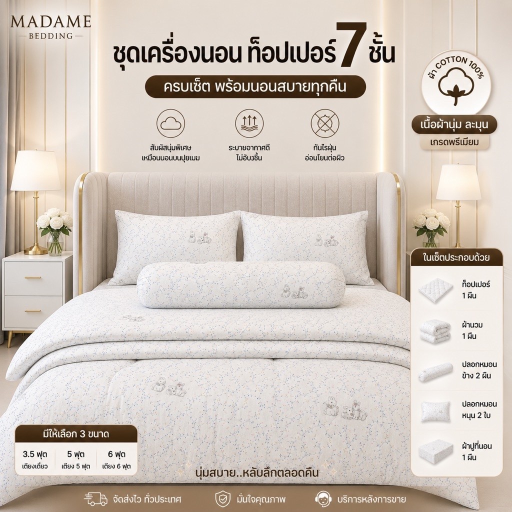 topper 7 ชิ้น ผ้าคอตตอน หนานุ่ม นอนหลับสบาย ไม่ระคายเคืองผิว