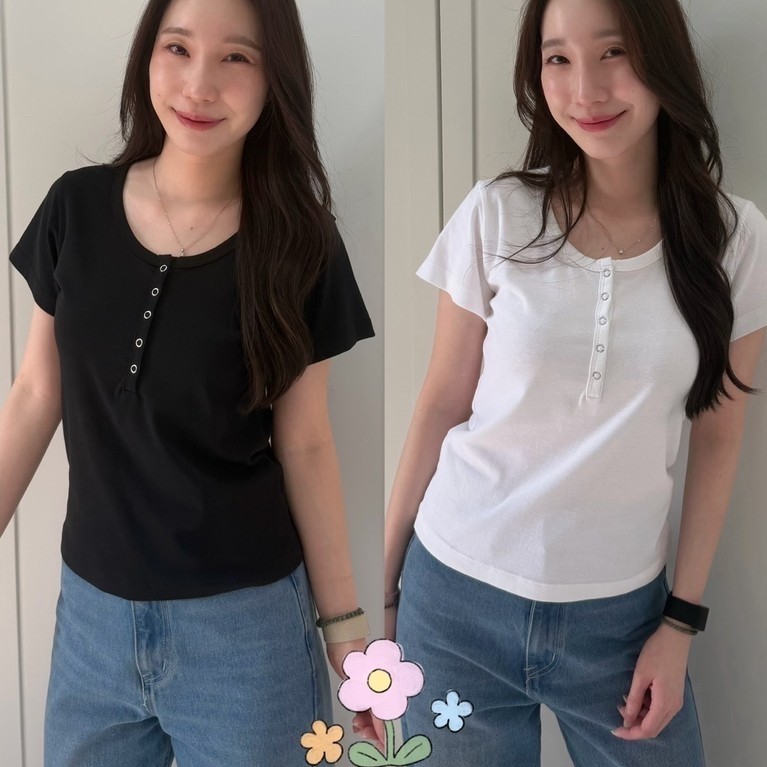 เสื้อคอกลม *สแน็ป* แขนสั้นผ้ายืด