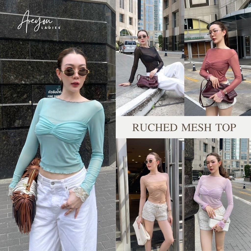 NO.662 RUCHED MESH TOP เสื้อซีทรูแขนยาวดีเทลจับจีบหน้าอกปลายแขนขอบลูกไม้