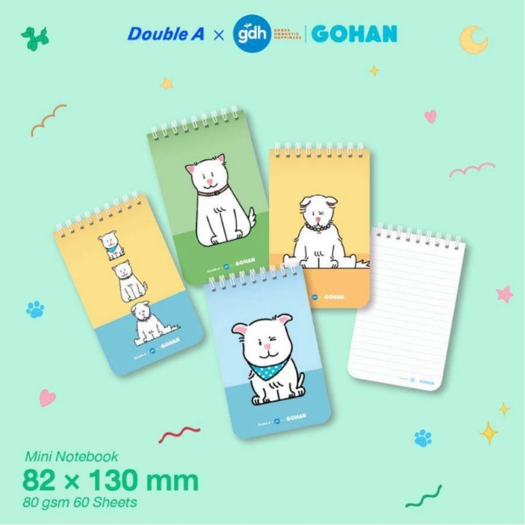 Double A สมุดสันห่วงบน GOHAN ขนาด 82x130มม. หนา 80 แกรม 60 แผ่น (ราคา 1 เล่ม คละลาย)