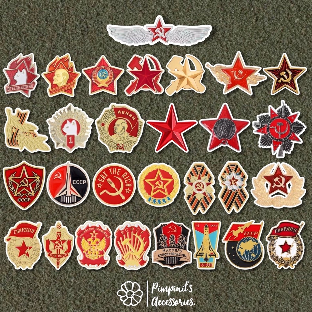 ร้านในไทยพร้อมส่ง : เข็มกลัดเซ็ทสัญลักษณ์ค้อนเคียวสีแดง | RED HAMMER & SICKLE SYMBOL Enamel Brooch Pin Set.